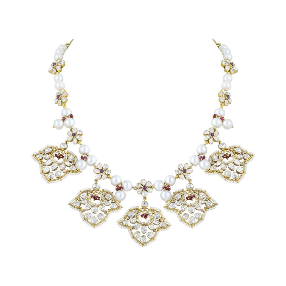 Polki Necklace with Red Floral Motifs & Pearls